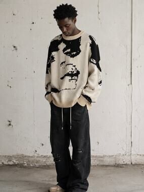 IH NOM UH NIT Abstract Face Oversized Knit Sweater Graphic Intarsia Pullover